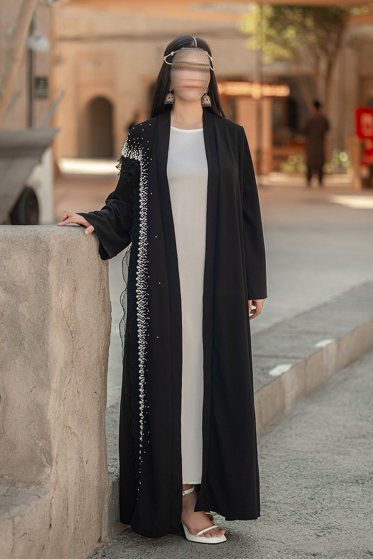 BA4105 Black Pearl Cascade Abaya