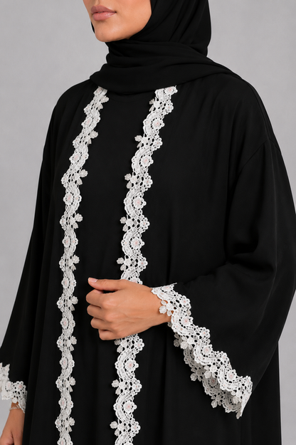Black floral fancy lace abaya