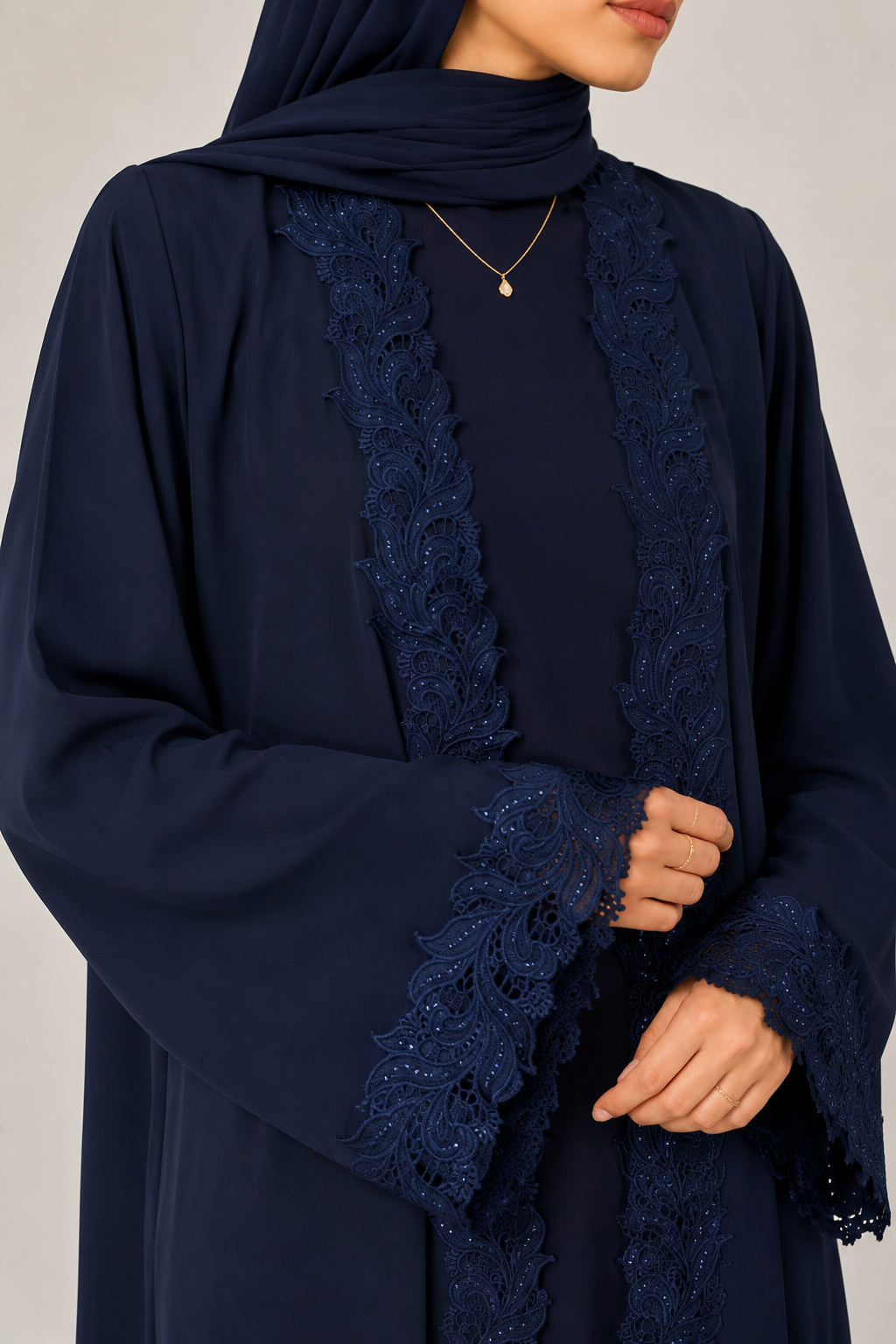 Navy Blue Moonlit Lace Abaya E12J