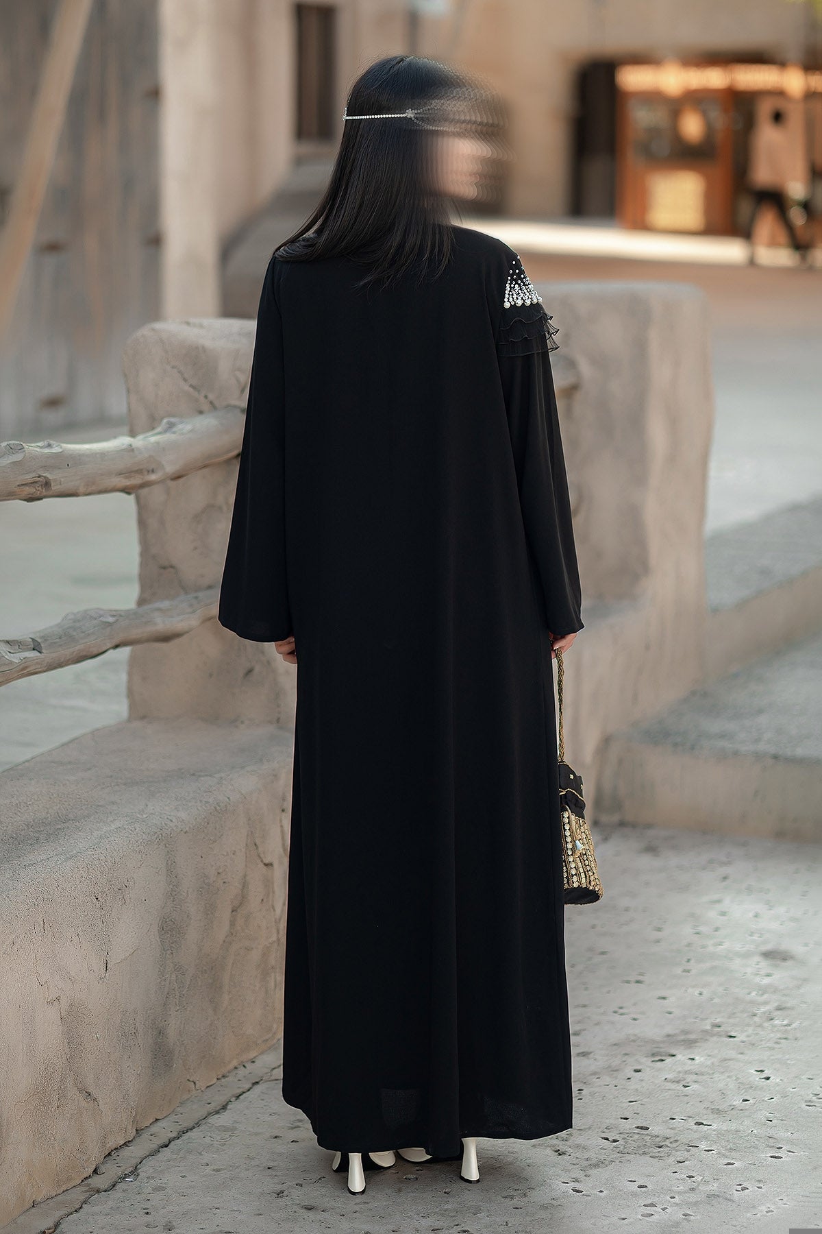 BA4105 Black Pearl Cascade Abaya