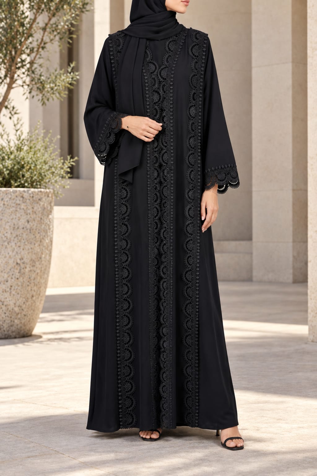 Black Gladiolus Lace Abaya E13S