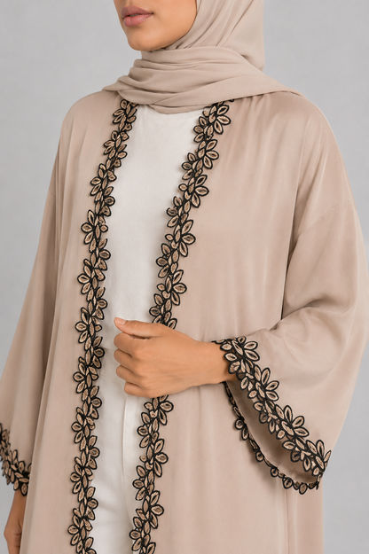 Beige fancy lace abaya